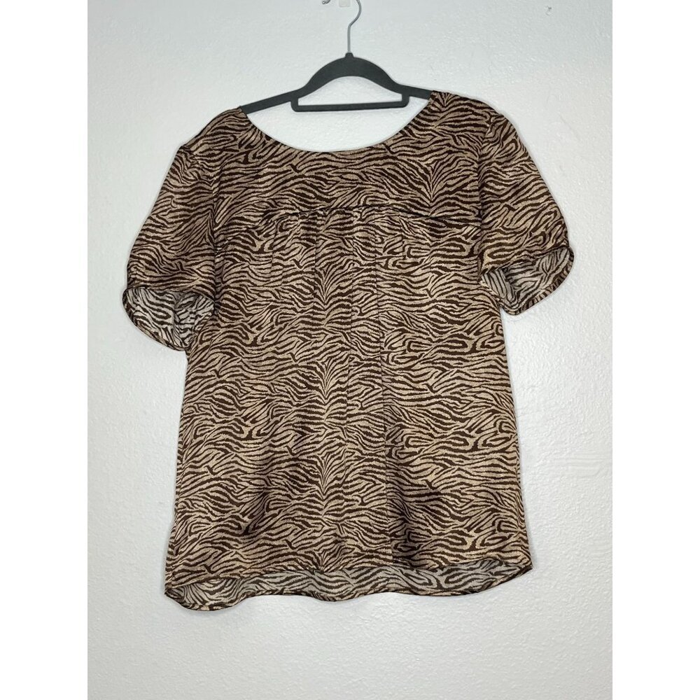 Michael Kors Leopard Print 100% Silk Short Sleeve Blouse Brown Black Size Large